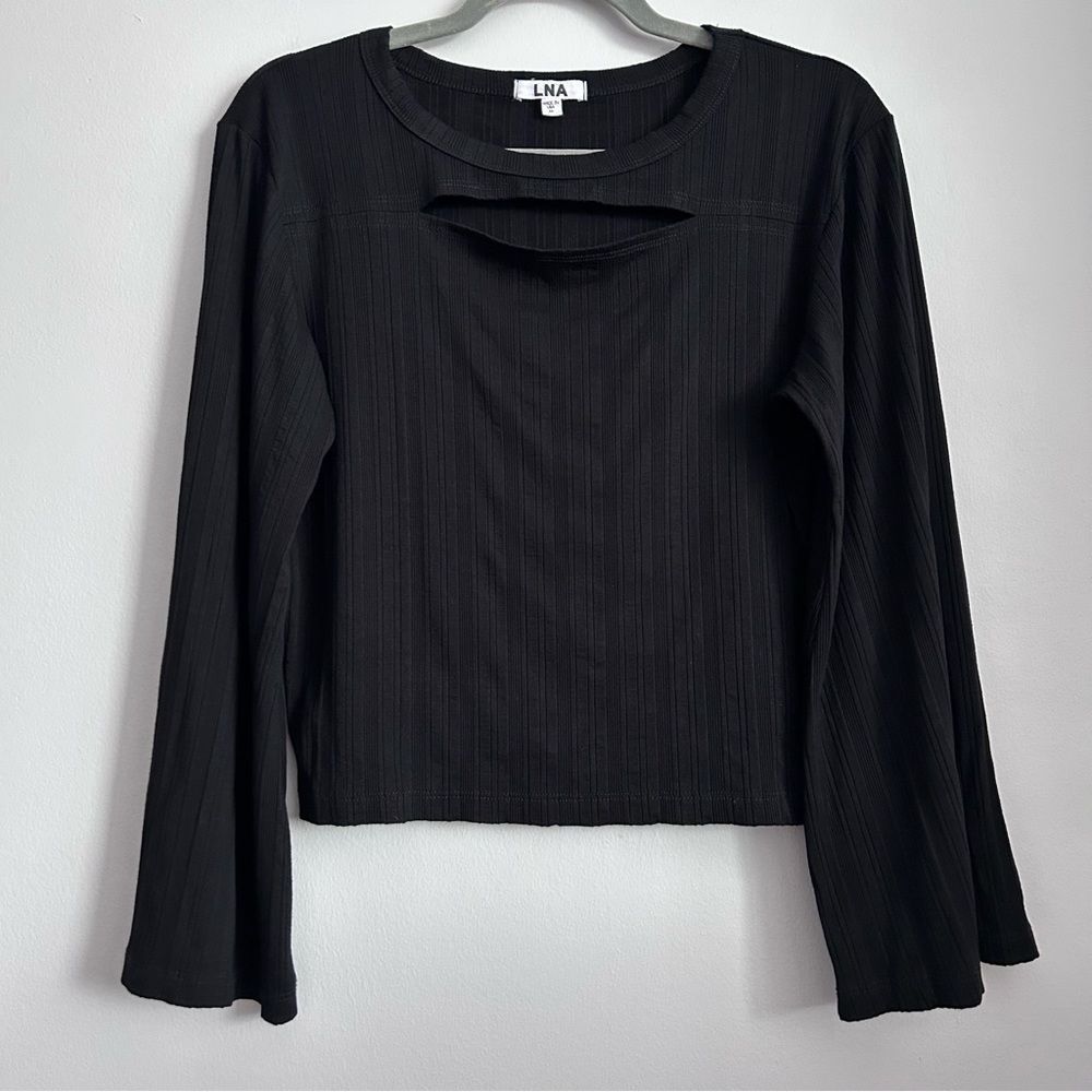 Revolve LNA Ribbed Rayon +Spandex Long Sleeve Crop Shirt with chest cutout